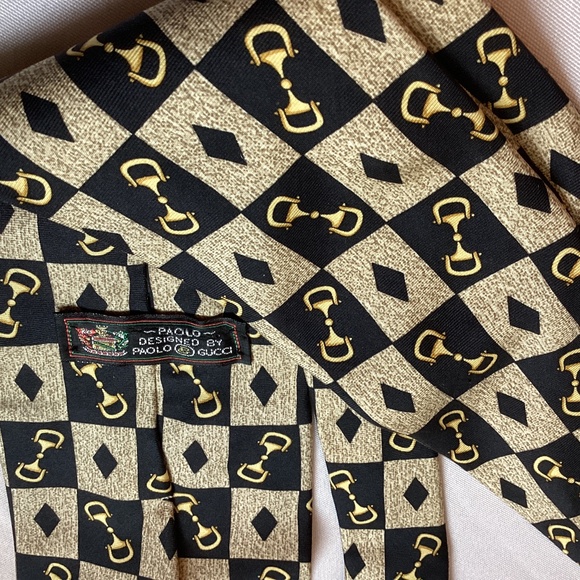Gucci Paulo Silk Necktie Vintage Accessory Horsebit Pattern Black Tan COA - Picture 9 of 9